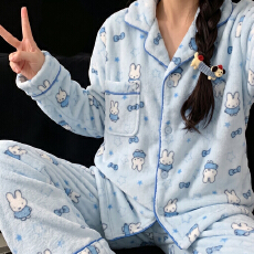 果子狸 冬季新款开衫法兰绒睡衣女可爱甜美卡通舒适保暖家居服