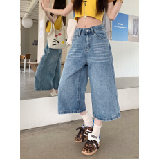 批发复古七分<b class='q'>牛仔</b><b class='q'>短裤</b>女<b class='q'>高腰</b>宽松显瘦百搭直筒阔腿中裤子