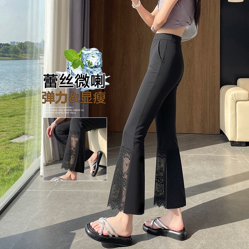 BY30123# 黑色蕾丝花边喇叭裤子春夏薄款显瘦宽松冰丝九分微喇休闲裤女 服裝批發女裝批發服飾貨源