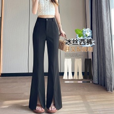 批发冰丝<b class='q'>西装</b>裤女夏季薄款胖mm高腰垂感显瘦小个子长裤开叉微喇叭裤子