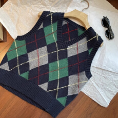 批发老渠道元厂纱！！掌柜怒推~复古减龄学院风格纹无袖针织背心马甲