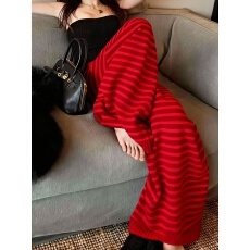 批发红色条纹针织阔腿裤女2025新款冬加厚保暖<b class='q'>设计</b>感小个子超好看裤子