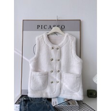 批发小香风双排扣马甲外套秋冬开衫加厚保暖仿水貂绒毛衣皮草上衣