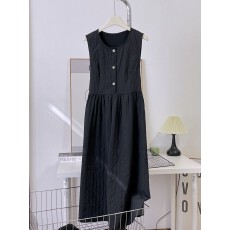 批发圆领<b class='q'>无袖</b>长裙2025新款纯色中长款时尚百褶高腰显瘦背心连衣裙