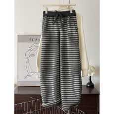 批发抖音爆款条纹抽绳高腰直筒休闲裤女2025秋冬新款宽松阔腿长裤