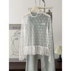 十三行荷叶边下摆长袖层次感内搭波点网纱蕾丝衫韩系打底衫