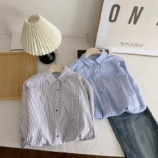 批发灰蓝条纹衬衫女长袖小个子开春新款宽松<b class='q'>休闲</b>内搭叠穿打底衬衣