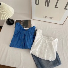 批发韩版花朵镂空小飞袖圆领<b class='q'>衬衫</b>女夏2026<b class='q'>宽松</b>减龄单排扣别致上衣