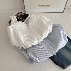 批发法式风琴压褶复古木耳边<b class='q'>衬衫</b>女v领长袖气质设计感白色上衣