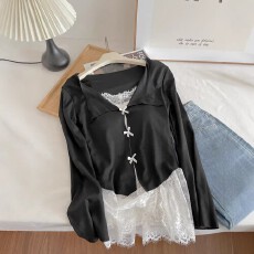 批发假两件蝴蝶结蕾丝拼接小衫女2026新款<b class='q'>韩版</b>V领喇叭袖修身上衣