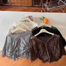 批发新款抽褶系带蕾丝<b class='q'>防晒</b>开衫镂空罩衫短款打底衫内搭长袖上衣女