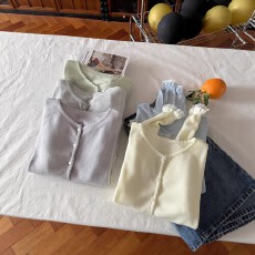 批发蕾丝下摆拼接减龄韩系软糯花边针织<b class='q'>开衫</b>假两件春夏新款外套