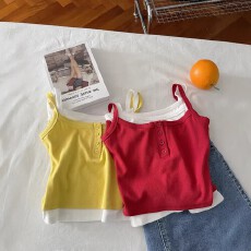 批发辣妹爵士舞黑色假两件吊带背心女带胸垫外穿<b class='q'>无袖</b>修身短款<b class='q'>上衣</b>