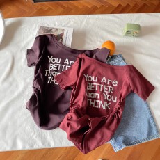 批发长袖T恤女春夏新款字母印花两抽褶显瘦修身露肩打底<b class='q'>短款</b>上衣