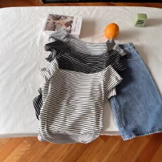批发抖音爆款夏装 一字肩条纹短袖t恤女收腰修身气质<b class='q'>短款</b>显瘦上衣