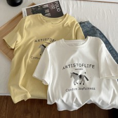 批发小众2026早春涂鸦小马透气印花短袖T恤女直筒显瘦减龄上衣潮