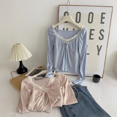 批发抖音爆款纯色蕾丝V领内搭打底衫女长袖t恤设计显瘦修身上衣