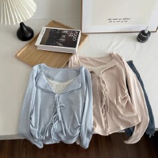 批发假两件蕾丝绑带拼接长袖T恤女新款木耳边褶皱设计感<b class='q'>外套</b>上衣