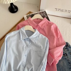 批发广州十三行爆款~高级感显白梅子粉衬衫女长袖春秋设计感小众