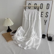 批发学院风白色镂空中<b class='q'>长</b>款半身裙女夏季松紧腰显瘦小清新大摆<b class='q'>裙子</b>