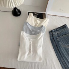批发白色亨利领正肩短袖t恤女夏季夏2026新款设计感修身短款上衣