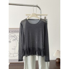 批发波点薄款网纱圆领长袖T恤女<b class='q'>夏季</b>2026荷叶边褶皱宽松裙摆上衣