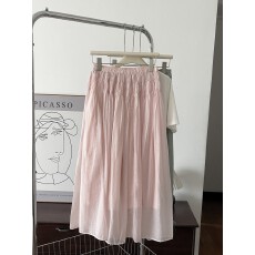 批发自带仙气柔雾粉显瘦捏褶<b class='q'>半身裙</b>女夏轻盈好看云朵纱中长款伞<b class='q'>裙</b>