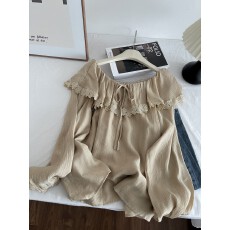 批发法式蕾丝拼接荷叶边一字领长袖衬衫女秋新款<b class='q'>泡泡袖</b>减龄娃娃衫