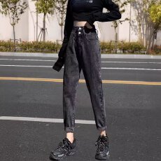 批发高腰萝卜弹力牛仔裤女宽松2025春夏双排扣灰色<b class='q'>大码</b>胖mm显瘦老爹裤