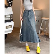 批发大码梨形身材复古牛仔半身裙<b class='q'>夏</b>季新款高腰显瘦毛边中长款鱼尾裙子