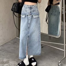 批发<b class='q'>夏</b>季韩国设计感不规则高腰a字中长款半身裙洗水做旧开衩牛仔裙