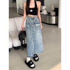 批发<b class='q'>夏</b>季韩国设计感不规则高腰a字中长款半身裙洗水做旧开衩牛仔裙