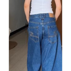 批发美式大码复古水洗弯刀牛仔<b class='q'>裤子</b>女春秋街头风宽松显瘦阔腿裤