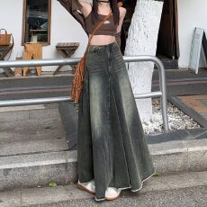批发美式复古牛仔半身裙女2025年<b class='q'>春</b>季小个子中长款高腰A字包臀鱼尾裙