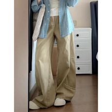 批发美式复古卡其色<b class='q'>牛仔裤</b>女秋季新款学生百搭阔腿裤宽松显瘦拖地长裤