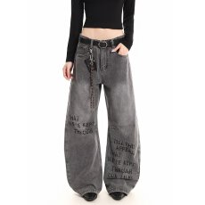 批发美式复古渲染印花牛仔长裤男女潮高街宽松直筒休闲潮牌长裤