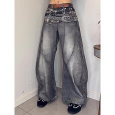 批发秋冬美式高街牛仔裤男女宽松直筒拖地嘻哈潮牌拖地长裤子