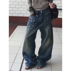 批发美式复古重工铆钉水洗牛仔秋冬高腰显瘦宽松阔腿拖地长裤