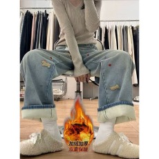 批发趣味小狗刺绣牛仔裤女2025<b class='q'>春</b>季新款设计感时尚宽松小众阔腿长裤潮