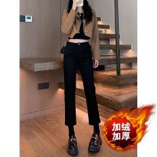 批发高腰窄版直筒<b class='q'>牛仔裤</b>女加绒加厚冬季新款弹力修身显瘦<b class='q'>九分</b>烟管裤子