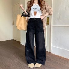 批发直筒牛仔裤<b class='q'>男</b>春季美式铆钉设计感阔腿<b class='q'>裤子</b>潮牌黑色宽松休闲裤