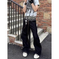 批发美式高街vibe风痞帅炸街微微喇<b class='q'>牛仔裤</b>男潮牌修身显瘦直筒长裤