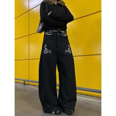 批发美式刺绣设计感丹宁弯刀<b class='q'>牛仔</b><b class='q'>短裤</b><b class='q'>男</b>女夏季新款拖地宽松阔腿长裤