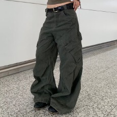 批发2025秋冬美式复古口袋拼接<b class='q'>迷彩</b>工装<b class='q'>裤</b>潮酷嘻哈百搭直筒牛仔<b class='q'>裤</b>女