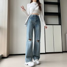 批发破洞牛仔<b class='q'>裤</b>秋季<b class='q'>宽松</b>阔腿拖地<b class='q'>裤</b>美式街头潮牌做旧水洗休闲直筒<b class='q'>裤</b>