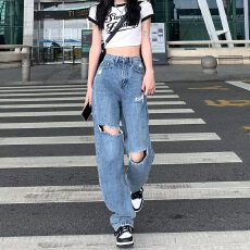 批发破洞牛仔<b class='q'>裤</b>秋季<b class='q'>宽松</b>阔腿拖地<b class='q'>裤</b>美式街头潮牌做旧水洗休闲直筒<b class='q'>裤</b>