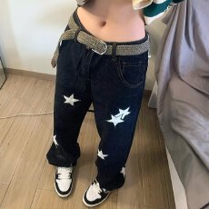 批发原宿阔腿星星牛仔<b class='q'>裤</b>女秋冬新款大码胖mm<b class='q'>宽松</b>显瘦梨形身材直筒<b class='q'>裤</b>子