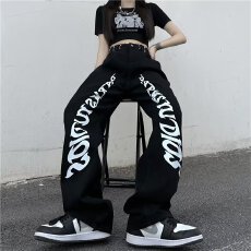 批发简约ins美式高街ins原宿风字母印花新款秋季牛仔<b class='q'>裤</b>男女直筒长<b class='q'>裤</b>潮