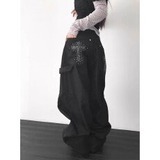 批发秋季美式休闲痞帅重磅黑色泼墨工装裤男直筒宽松高街阔腿弯刀裤子