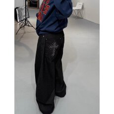 批发秋季美式休闲痞帅重磅黑色泼墨工装裤男直筒宽松高街阔腿弯刀裤子